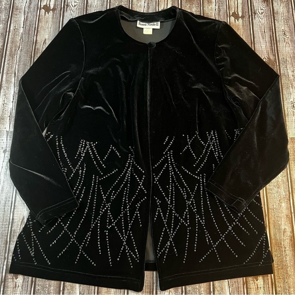 Vintage Ronni Nicole Black Velvet Glass Beaded Open Front Button Jacket 16W * - Picture 1 of 5